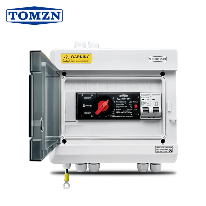 TOMZN Dual Power Automatic Transfer Switch Distribution Box, 2P 63A, with MCB for Short-Circuit & Overload Protection