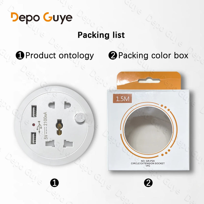 Travel Adapter Socket,EU Standard Plug,White Universal Five Hole Socket with Dual USB Power Portable Outlet with Cable 1.5m