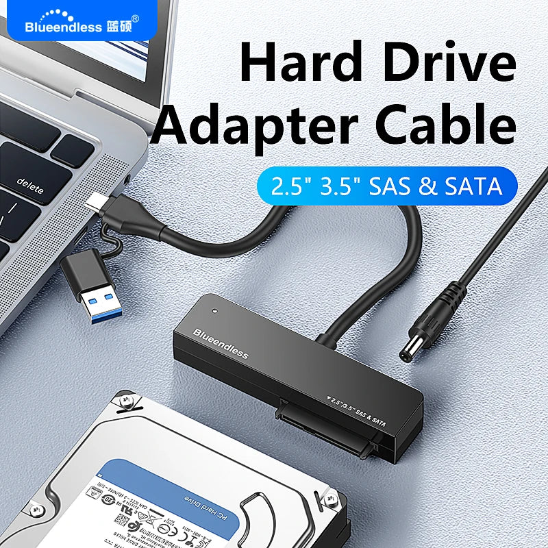 ឧបករណ៍ភ្ជាប់ដ្រាយវ៍រឹង Blueendless USB3.0 ទៅ SAS/SATA 2.5 3.5 HDD Converter 5Gbps Type-A/C 2-in-1 គាំទ្រអតិបរមា 28TB ជាមួយថាមពល 12V/2A