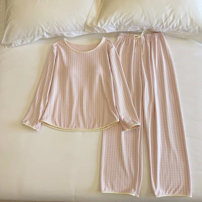 New Women's Pajamas Chest Pads Spring Autumn Sleepwear for Sleeping Pyjamas Long-Sleeve Top and Pants 2 Piece Loungewear Suit