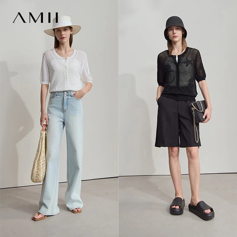 អាវយឺតការិយាល័យ AMII Minimalist Women 2025 ដៃខ្លីកមូល Jacquard រលុងប៉ាក់ Cardigan Woman Fashion 12552093