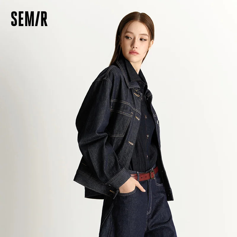 Semir Women Jacket Denim Distressed Turn Down Collar Drop Shoulder Loose Fit 2026 Autumn Vintage Streetwear Outerwear