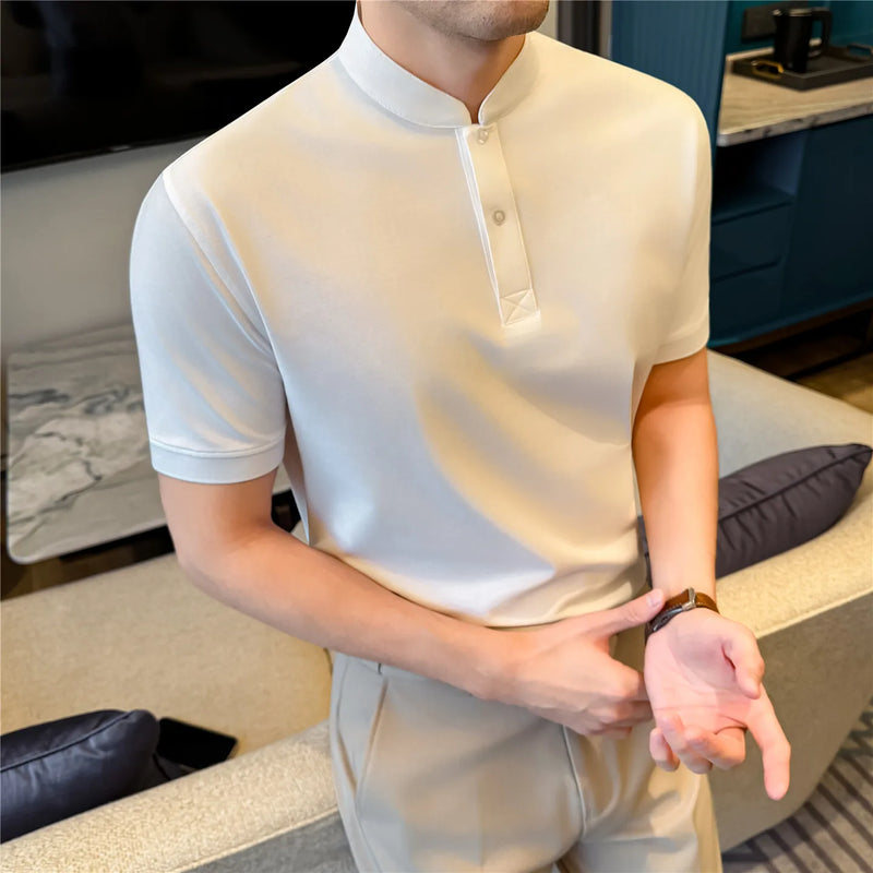 Men Summer Short Sleeve T-Shirt Little Stand Collar Solid Color Casual Loose Tee with Side Split Hem