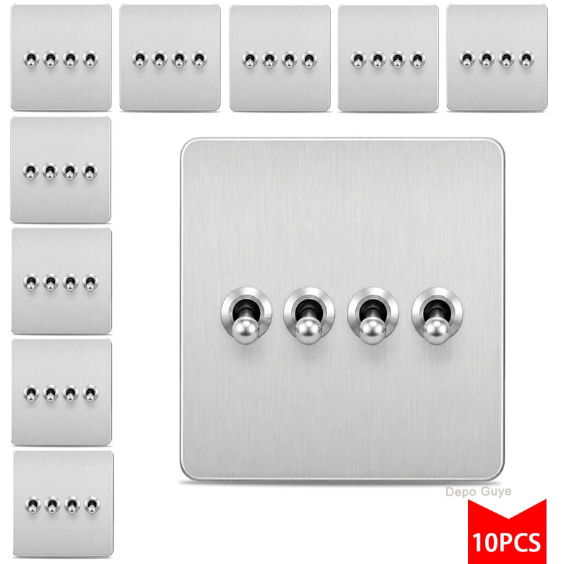 5/10PCS Toggle Wall Switch Grey Stainless Steel ,1/2/3/4 Gang 2Way Light Brass Lever Switch Panel For Home Improvement