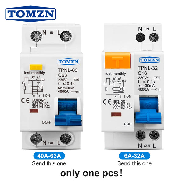TOMZN 1PCS TPNL DPNL 1P+N 32A 230V~ 50HZ/60HZ Residual Current Circuit Breaker with Over Current and Leakage Protection RCBO
