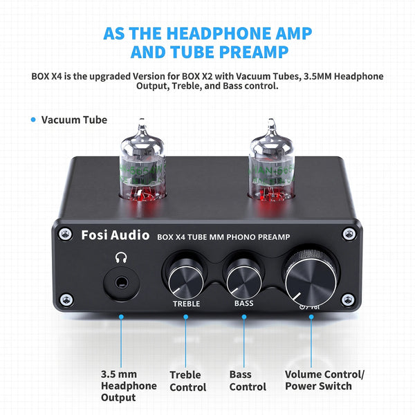 ឧបករណ៍បំពងសំឡេង Fosi Audio Phono សម្រាប់ឧបករណ៍បំពងសំឡេងប្រភេទ Turntable Phonograph Preamplifier ជាមួយ Vacuum Tube Amplifier HiFi BOX X4
