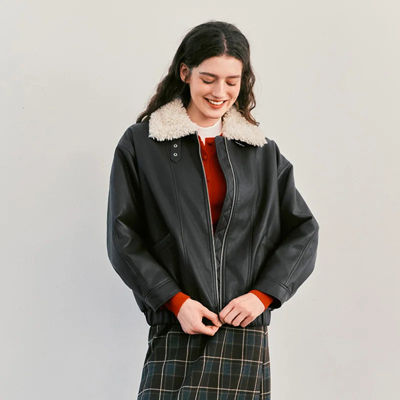 Semir Women Jacket PU Faux Leather Faux Shearling Panelled Design Turn Down Collar Oversized Fit Urban Casual Style 2026 Winter