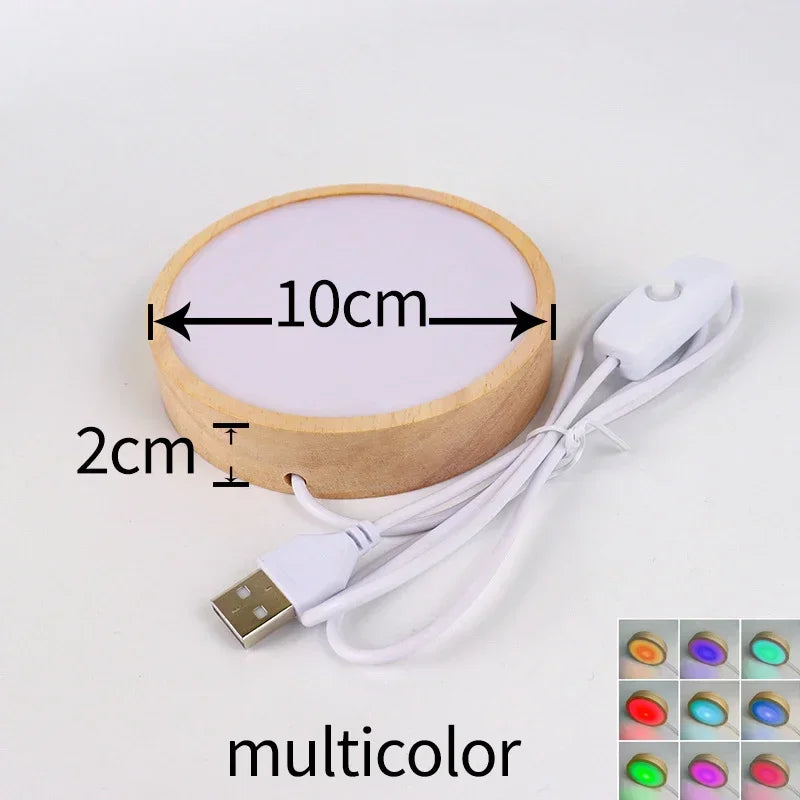 Wood Round LED Night Light Base Art Display Holder USB Lamp Holder for Crystals Glass Ball Resin Art Decoration Display Stand