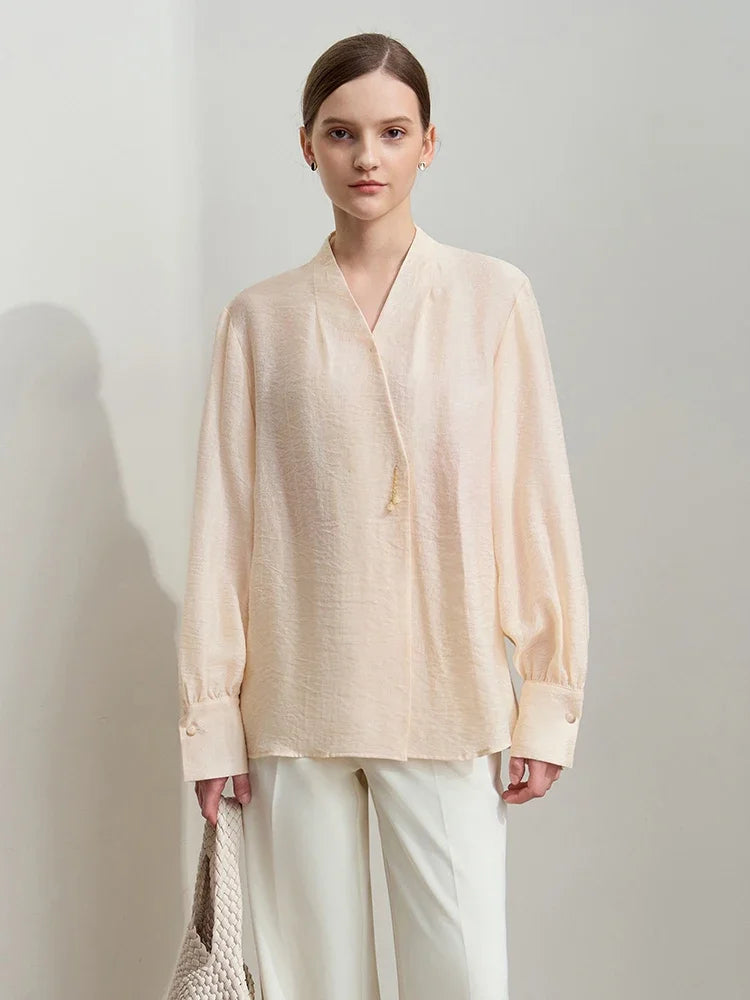 អាវ AMII Minimalist Chiffon សម្រាប់នារី រដូវស្លឹកឈើជ្រុះ ឆ្នាំ២០២៥ អក្សរសាស្ត្រ Retro ស្រាល ខ្យល់ចេញចូលបាន ធ្វើពីក្រណាត់ទេសឯក Lycra ប៊ូតុងរលុង 12541094