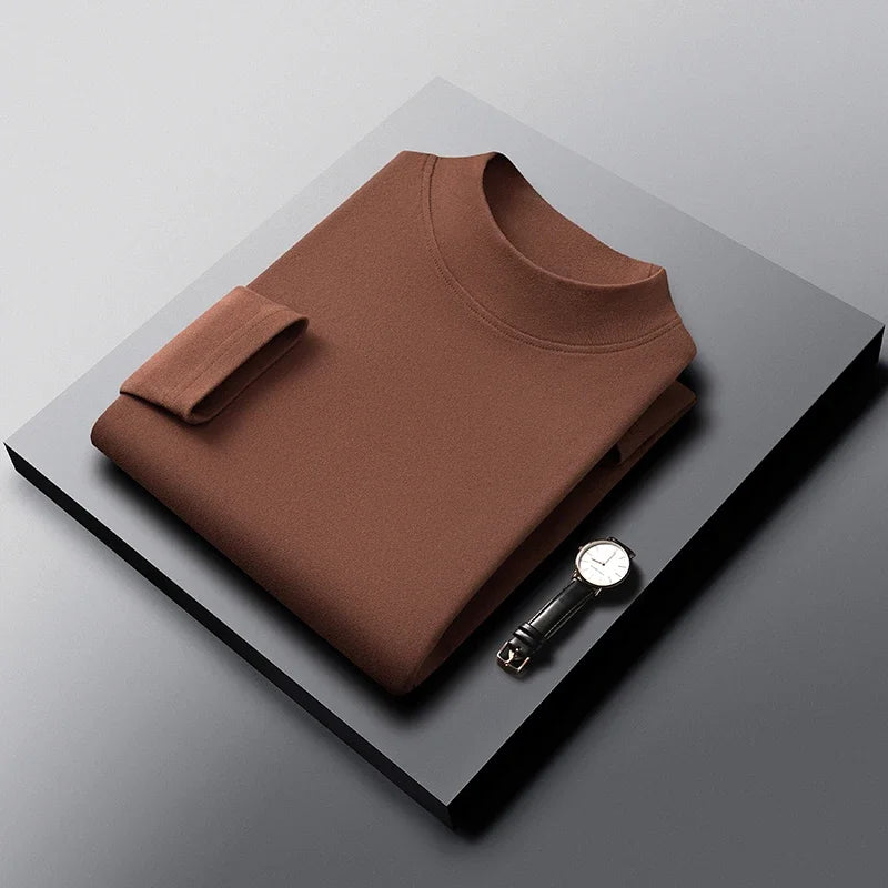 Mens Slim Mock Neck Base Shirts Light Warm Brushed Fabric Stretch Long Sleeve Tops For Daily Casual And Outer Matching