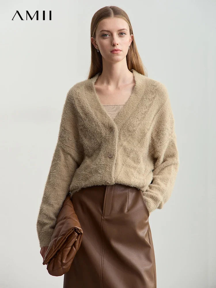 Amii Minimalist V-Neck Solid Button Wool Cardigan Long Sleeve 2026 Winter New Women's Imitation Mink Loose Casual Top 12424116