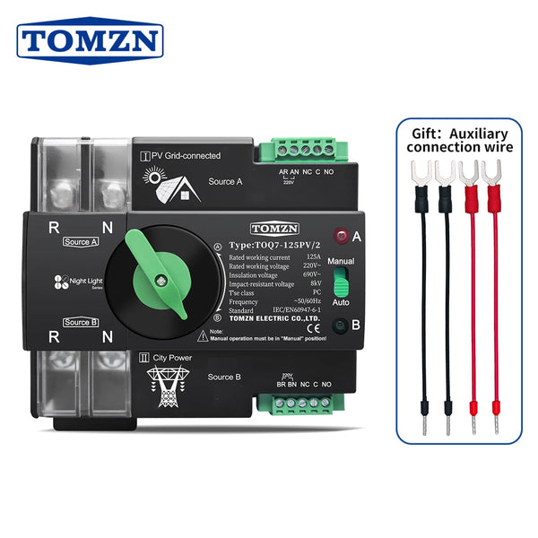 TOMZN 220V 230V Din Rail ATS Dual Power Automatic Transfer Electrical Selector Switch Uninterrupted 2P 63A 100A 125A TOQ7 PV
