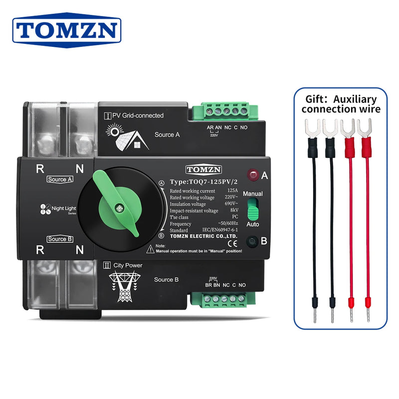 TOMZN 220V 230V Din Rail ATS Dual Power Automatic Transfer Electrical Selector Switch Uninterrupted 2P 63A 100A 125A TOQ7 PV