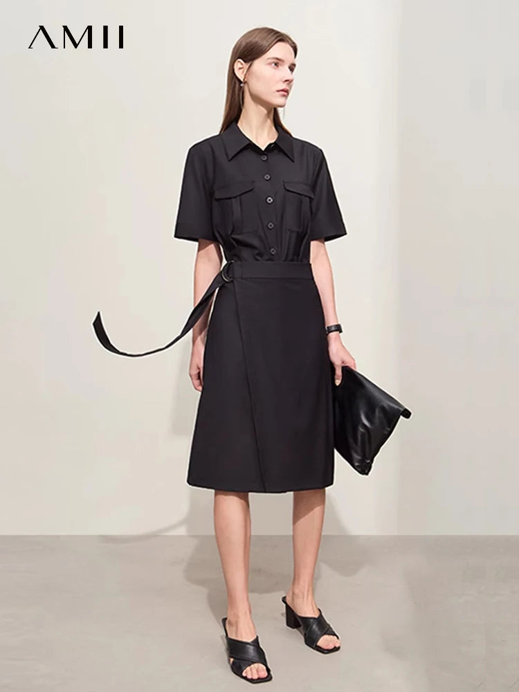 រ៉ូប Amii Minimalism Women រដូវស្លឹកឈើជ្រុះឆ្នាំ ២០២៤ រ៉ូបថ្មី Lapel False Two-piece រចនាប័ទ្ម Safari ដៃខ្លីសម្រាប់នារី ខ្សែរ៉ូប Retro 12441222