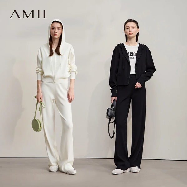 AMII Women's Cardigan 2026 Autumn New Loose Hooded Long-sleeved Sweater Zipper Wide-leg Versatile Sweatpants for Woman 12543215