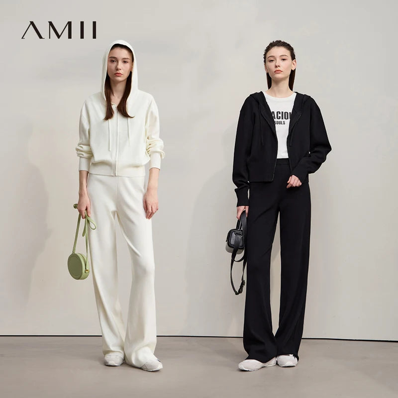 AMII Women's Cardigan 2026 Autumn New Loose Hooded Long-sleeved Sweater Zipper Wide-leg Versatile Sweatpants for Woman 12543215