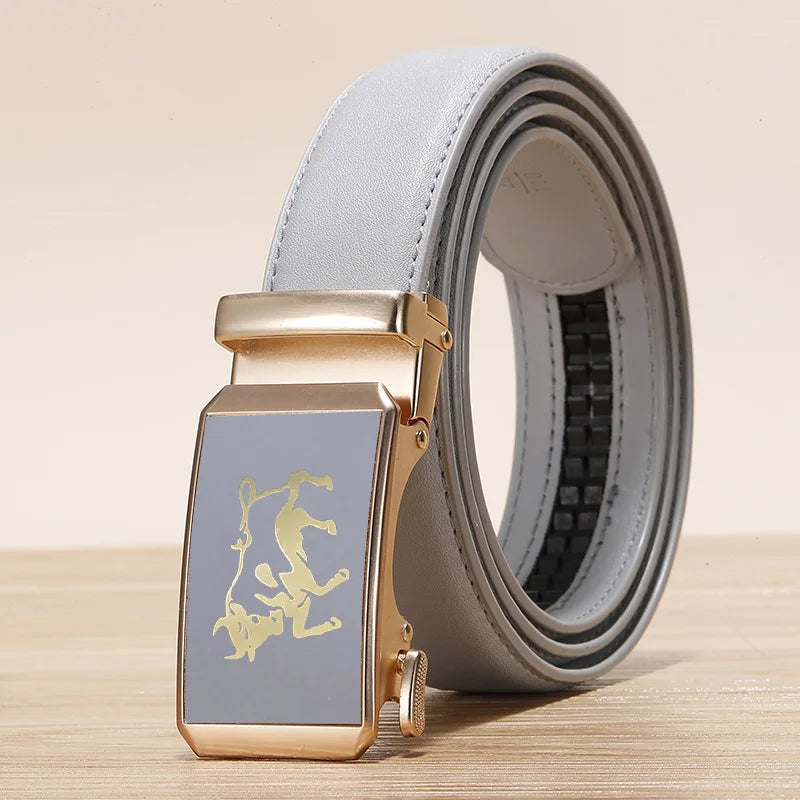 2026 New Width 3.0 Cm Gray Belt Women's Fashion Casual Automatic Buckle Belts Men Cow Head Pattern Cinturon Female Waistband