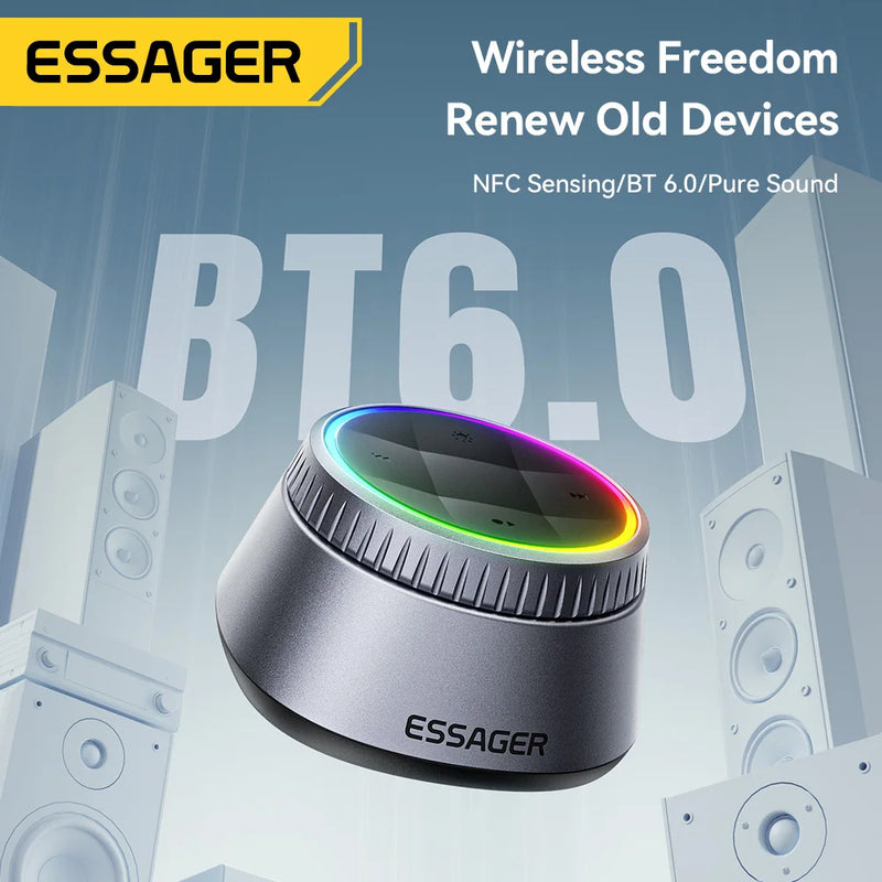 ឧបករណ៍ទទួលសំឡេង Essager Bluetooth 6.0 3.5mm RCA Music Wireless Adapter ជាមួយភ្លើង RGB សម្រាប់ទូរស័ព្ទ NFC Android សម្រាប់ឧបករណ៍បំពងសម្លេងរថយន្ត