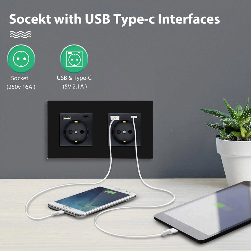 BSEED EU Wall Sockets Double Power Outlets White Black Double Frame USB Type-C Phone Charge Port Glass Panel Kids Protection 16A