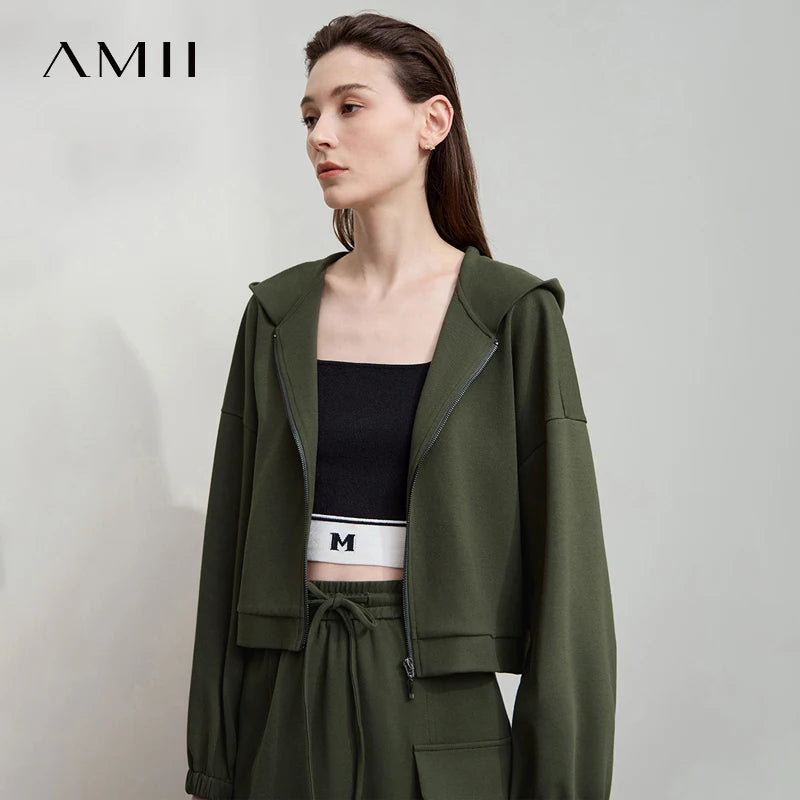 អាវកីឡា AMII Minimalist សម្រាប់នារី 2025 រដូវស្លឹកឈើជ្រុះថ្មី ពណ៌បៃតង មានក្រណាត់ អាវដៃវែង មានខ្សែរ៉ូត អាវក្រៅធម្មតា 12543147