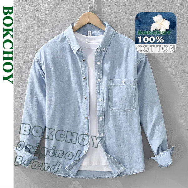 Spring Autumn 100% Cotton Loose Cargo Denim Shirts for Men Clothing Long Sleeve Casual Streetwear Tops CM7596