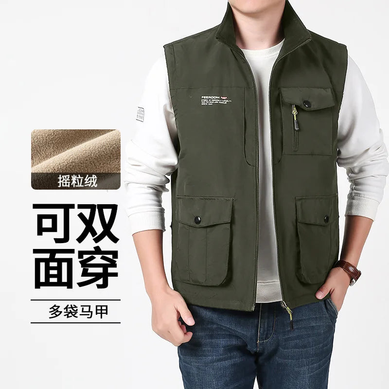 Men's Sleeveless Vest Jacket for Fall and Winter, Travel, Leisure, and Fishing Wear. Green, Khaki, Gray, Black, Red, Blue Coat.