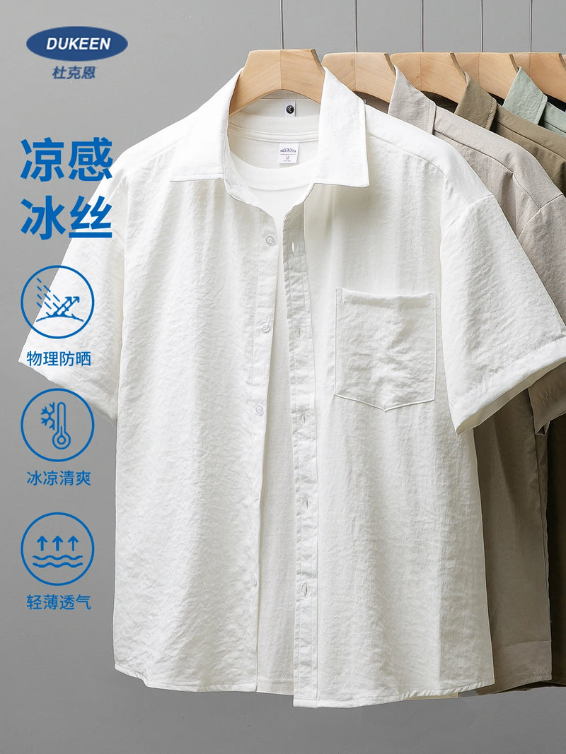 DUKEEN Ice Silk Coolness Short-Sleeve Shirts for Men 2025 Summer Casual Thin Solid Color Basic Tops White Men's Clothing