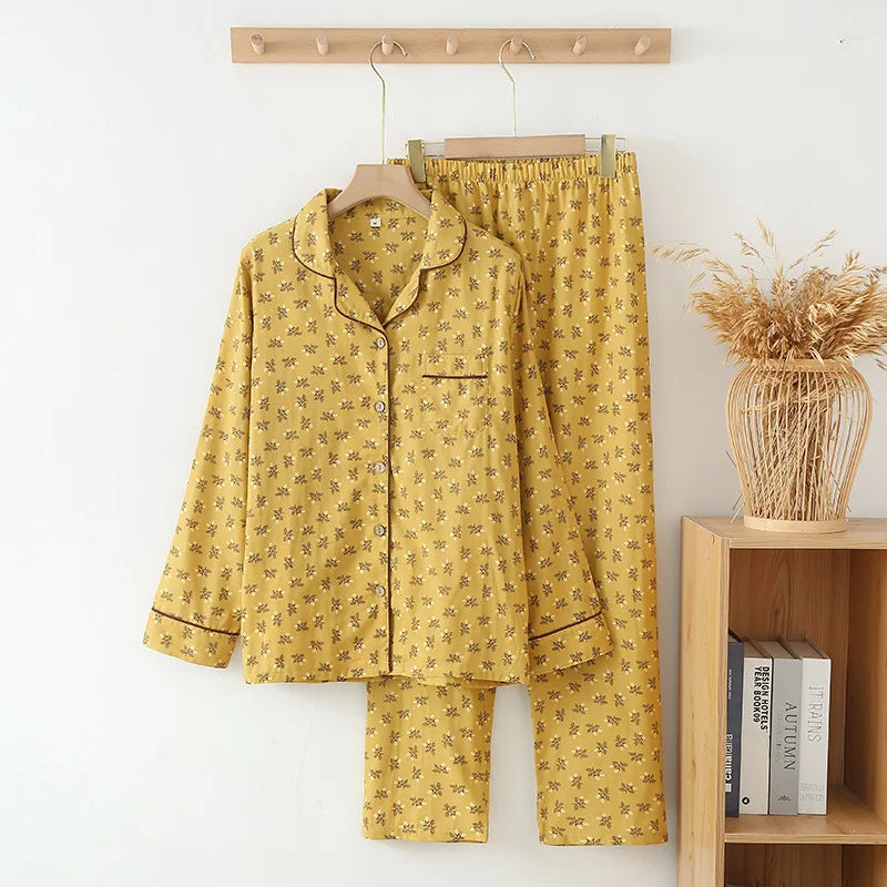 Lapel Collar Long Sleeve Sleepwear Set Spring Autumn 100% Cotton Gauze Women's Nightwear Room Wear Pajamas Loose Home Clothes