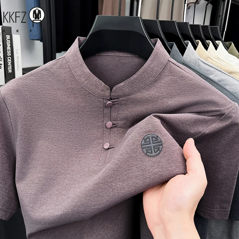 Men Summer Chinese Style Short Sleeve T Shirt Mandarin Collar Frog Button Embroidered Casual Breathable Tee