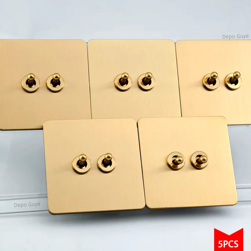 5/10 PCS Gold Wall Light Toggle Switch Vintage Brass Lever Stainless Steel Panel Vintage Brass Lever For Home Improvement