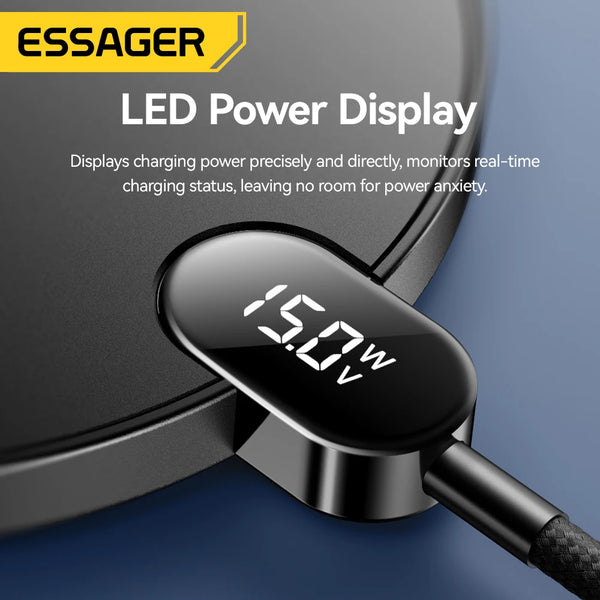 ឆ្នាំងសាកឥតខ្សែ Essager 15W អេក្រង់ LED ឌីជីថល បន្ទះសាកថ្មឥតខ្សែលឿន សម្រាប់ iPhone 16 15 14 Pro Max Samsung 23 Xiaomi Huawei