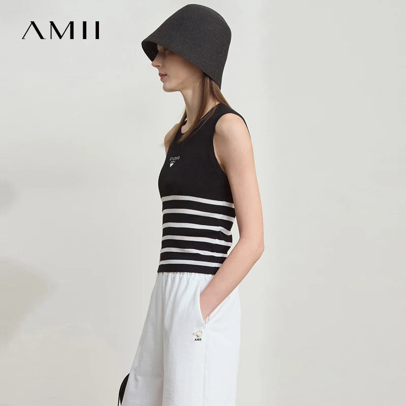 អាវកាក់រដូវក្តៅថ្មីរបស់ Amii Minimalist សម្រាប់ស្ត្រី កអាវរាងអក្សរ O ឆ្នូតៗ ប៉ាក់ពណ៌ ដៃអាវប៉ាក់ 12512036