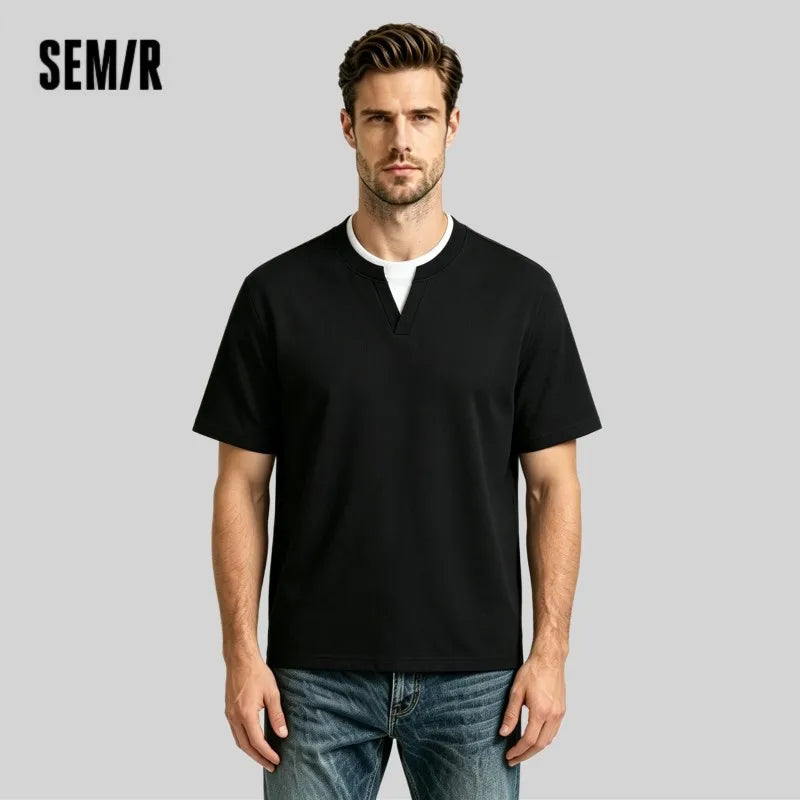 Semir Mens Tshirt 2026 Fake Two Piece Spliced Neck Texture Comfortable Versatile Casual Soft