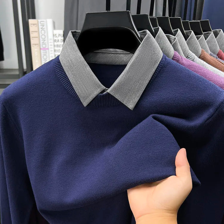 Men's Grey Faux Two-Layer Knit Sweater, Button-Down Shirt Collar with Soft Wool Blend Fabric, Smart Business Autumn Casual Wear