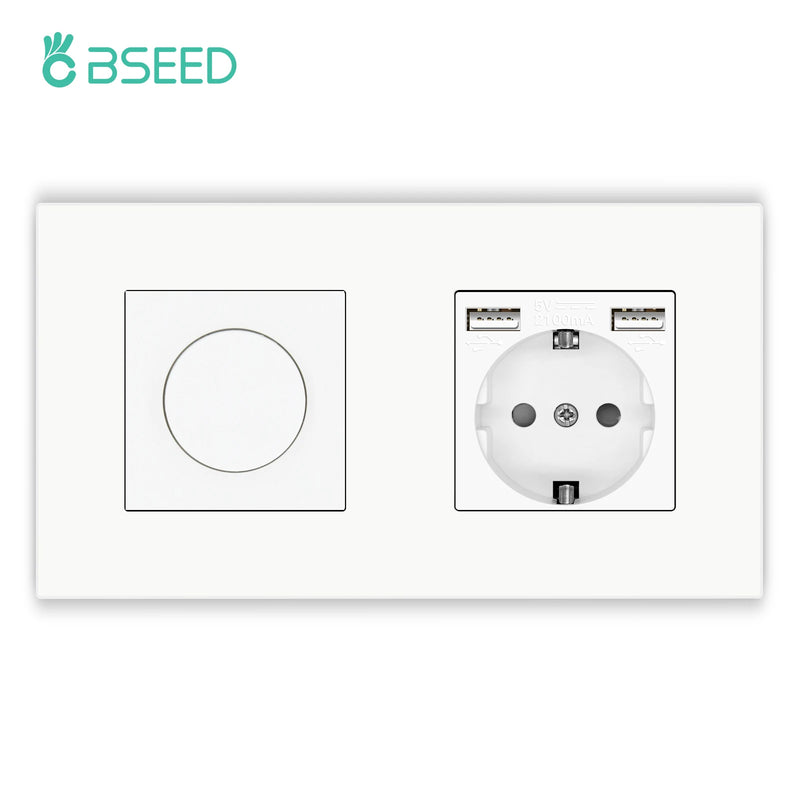 BSEED Rotary Switch LED Dimmer Light Switch With 1/2/3Gang Button Light Switch EU Wall Power Socket PC Plastic Frame