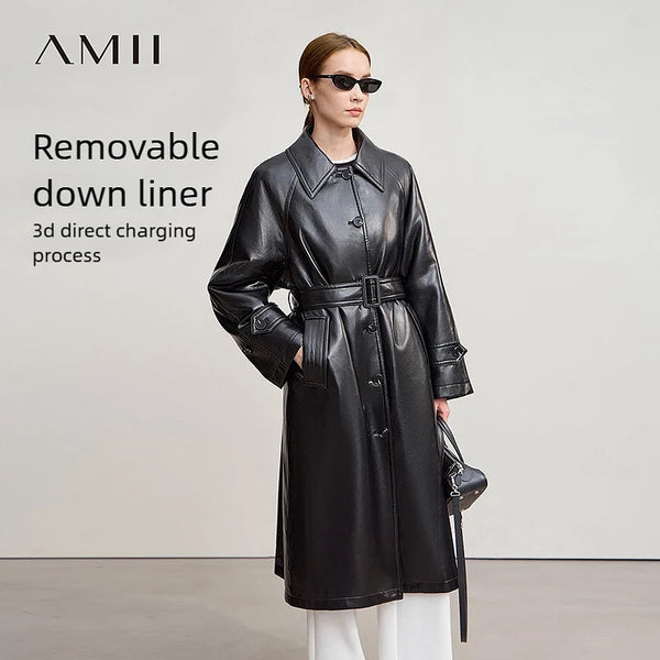 AMII Down Coats 2025 Winter New With Belt PU Leather Solid Long Down Jacket For Woman Warm Single Breasted Straight Top 12554039
