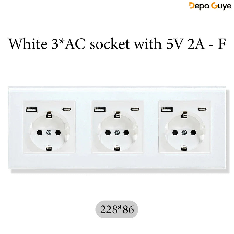 European Standard 4 Gang Wall Power Socket 16A Glass Panel with Three USB Type-C Ports White Black Industrial Home Hotel