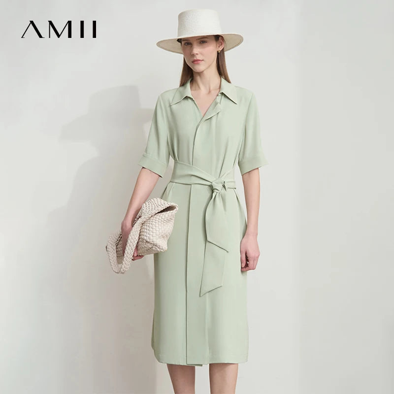 AMII Summer Office Lady Dresses Female 2026 Solid Short Sleeve Turn-down Collar with Belt Shirt Dresses Woman Fashion 12552048