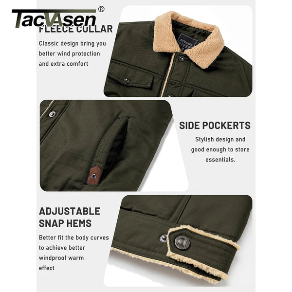 TACVASEN Turn-down Collar Winter Cotton Jackets Mens Sherpa Fleece Trucker Parka Green Work Cargo Coats Clothes Overcoats