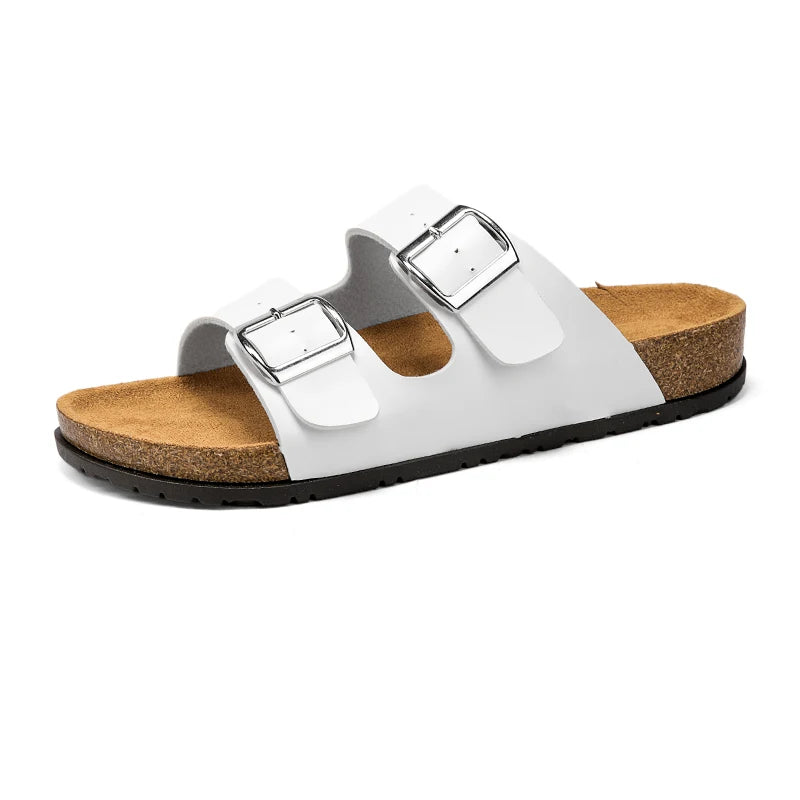 Men's Adjustable Double Buckle Cork Footbed Slide Sandals Casual Leather Open Toe Flat Slip on Summer Walking Beach Slide Shoes