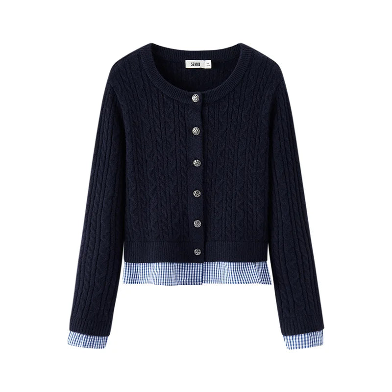 Semir Women Cardigan Cropped Knit Mock Two Piece Cable Plaid Vintage Winter Fashion Sweater Layered Style Outfit 2026