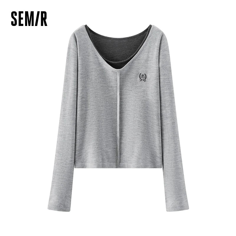 Semir Knitted Sweater Women Winter Short Length Fake Two-Piece Color Block Embroidered Slim 2025 New Sexy Stylish Top