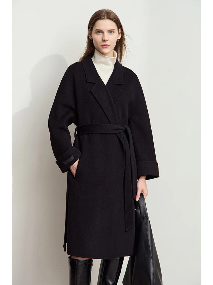 AMII Minimalist Woolen Coat for Women 2026 Winter New Warm Lapel Collar Long Sleeve with Belt 100% Wool Overcoat Female 12424009
