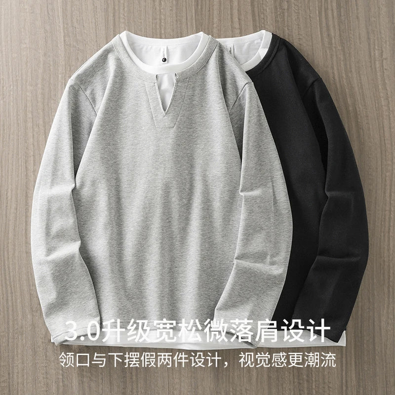 DUKEEN Men's 2-In-1 Pullover Sweatshirt 2025 Spring and Autumn New Fashion Loose Crew-Neck Long Sleeve T Shirts for Men
