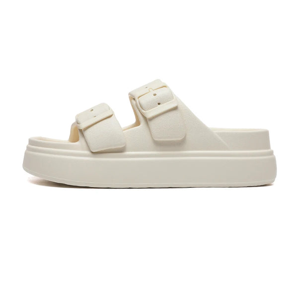 Pure White Womens Slippers Double Buckle Slide Sandals Thick Soles Height Increase 4.5cm Summer Flat Rubber Slides Soft Comfort