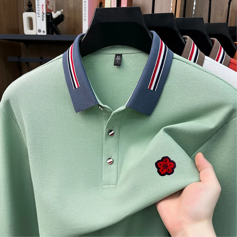 100% Cotton Man Long-Sleeved Polo Shirt Lapel Button Color Blocking Flower Embroidery Autumn New Leisure Fashion Men's Clothing