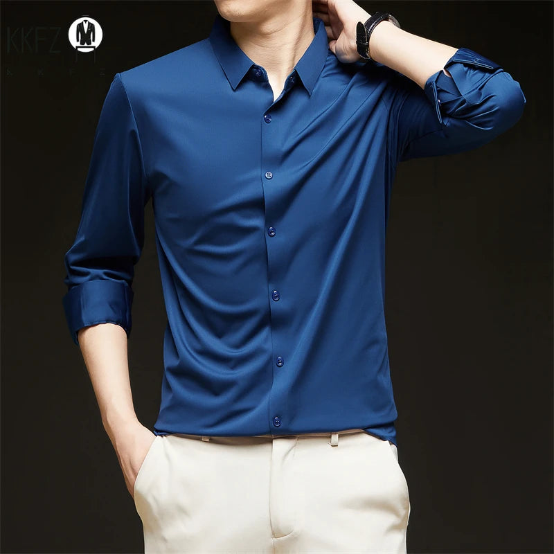 New Men's Business Casual Long Sleeved Solid Color Shirt Wrinkle Resistant Wrinkle Free Comfortable All Season Versatile Top