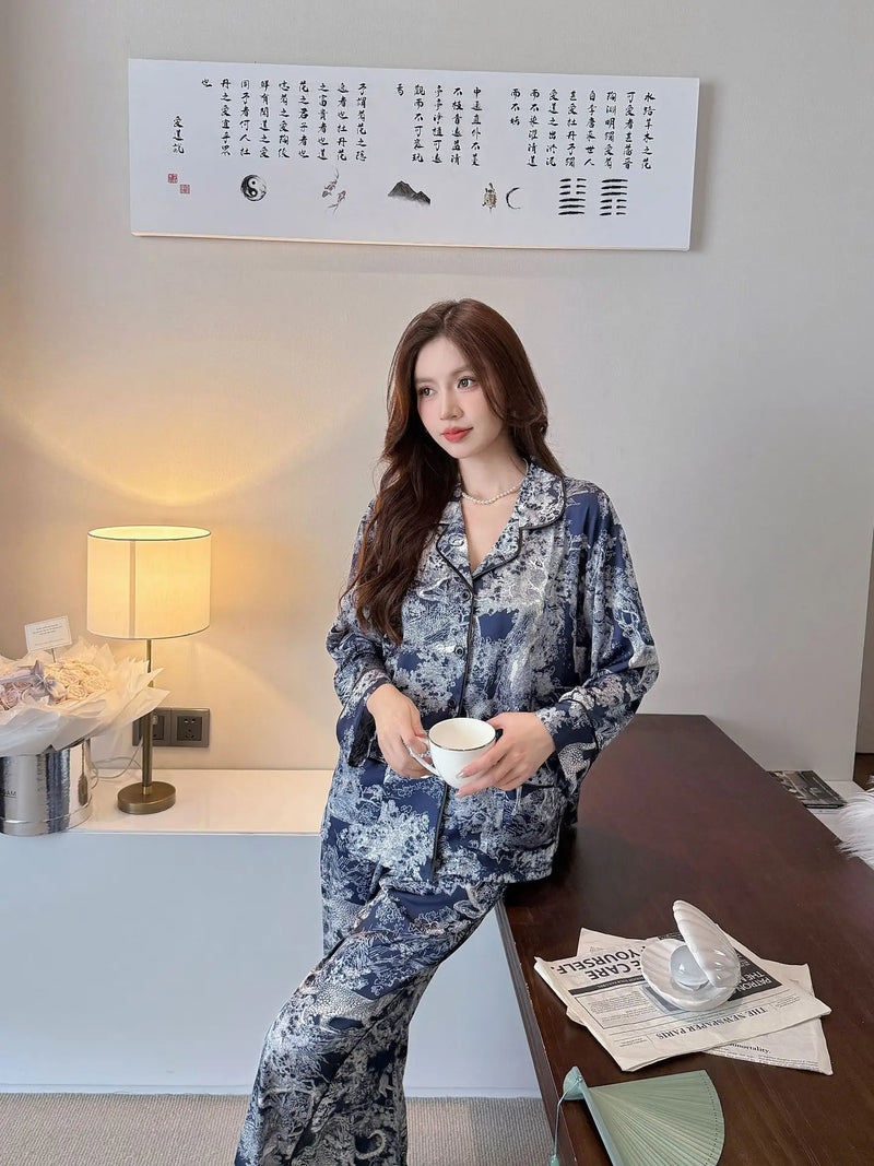 Ice Silk 2 Piece Set Pajama Sleepwear Woman Lapel Button Cardigan Night Wear Female Nightwear New Long-Sleeved Pajamas For Lady