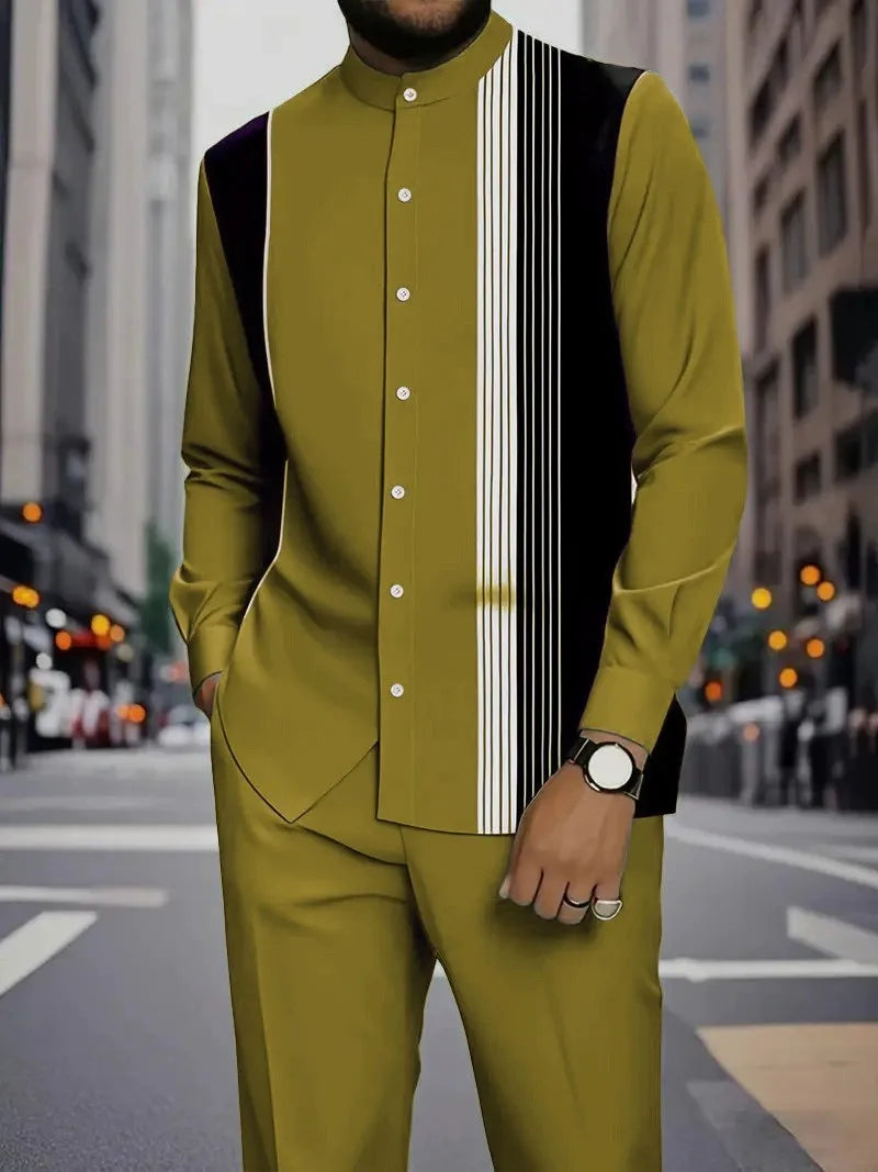 Men's Two-piece Set for Spring/Fall: An Ethnic-style Long-sleeve Shirt Paired with Pants, Red, Blue, Green, Gray, Black, Purple.