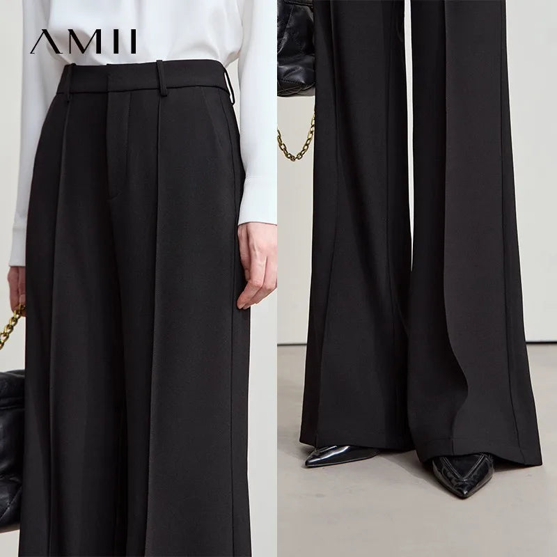 ខោ AMII Minimalist សម្រាប់ស្ត្រីធម្មតាឆ្នាំ ២០២៥ ម៉ូដរដូវស្លឹកឈើជ្រុះ ខោជើងធំពណ៌ខ្មៅប្រឆាំងនឹងស្នាមជ្រួញ ខោរលុង សម្លៀកបំពាក់ស្ត្រី 12523100